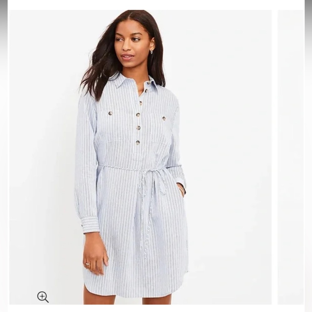 LOFT Blue White Striped Button-Front Belted Shirt Dress With Pockets Large